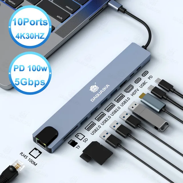 10 w 1 USB C HUB 4K30Hz Stacja dokująca typu C do HDTV kompatybilna z RJ45 Ethernet PD100W dla MacBook iPad Huawei Sumsang Phone