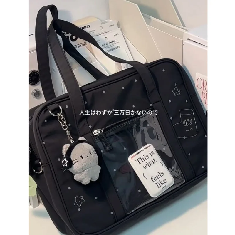 

Black Japanese Shoulder Bag Girls High Capacity Student Uniform Bags Transparent Pocket Y2k Crossbody Itabags Dot Kawaii Handbag