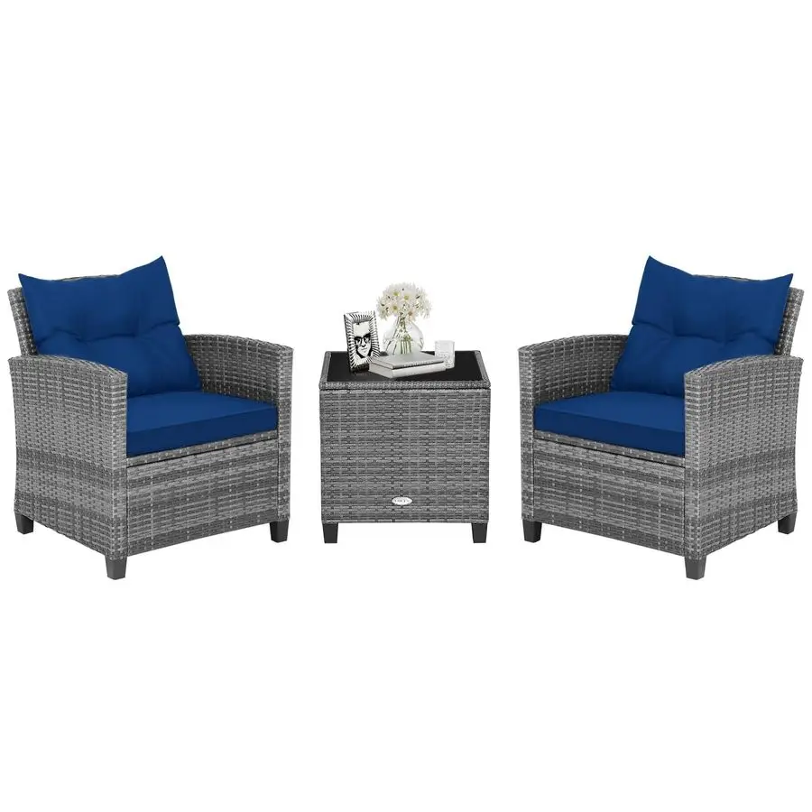 

Комплект для отдыха на открытом воздухе из 3 предметов: диван из ротанга PE с съемными подушками, кресла из искусственного ротанга PE с термостойким покрытием.