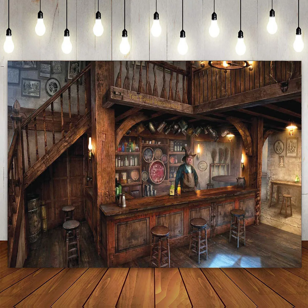 Western Medieval Fantasy Room Tavern Backdrop Vintage Bar Counter Wooden Country Pub Cowboy Wild West Party Decor Background