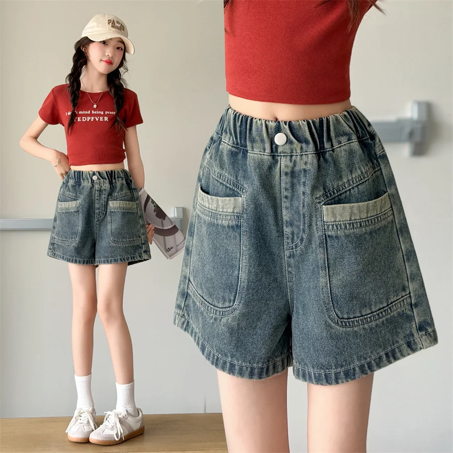 Retro Design Kids Girl Denim Shorts For Teenger Summer Casual Shorts With Pockets High Quality Children Fashion Bottom Age 5-14Y