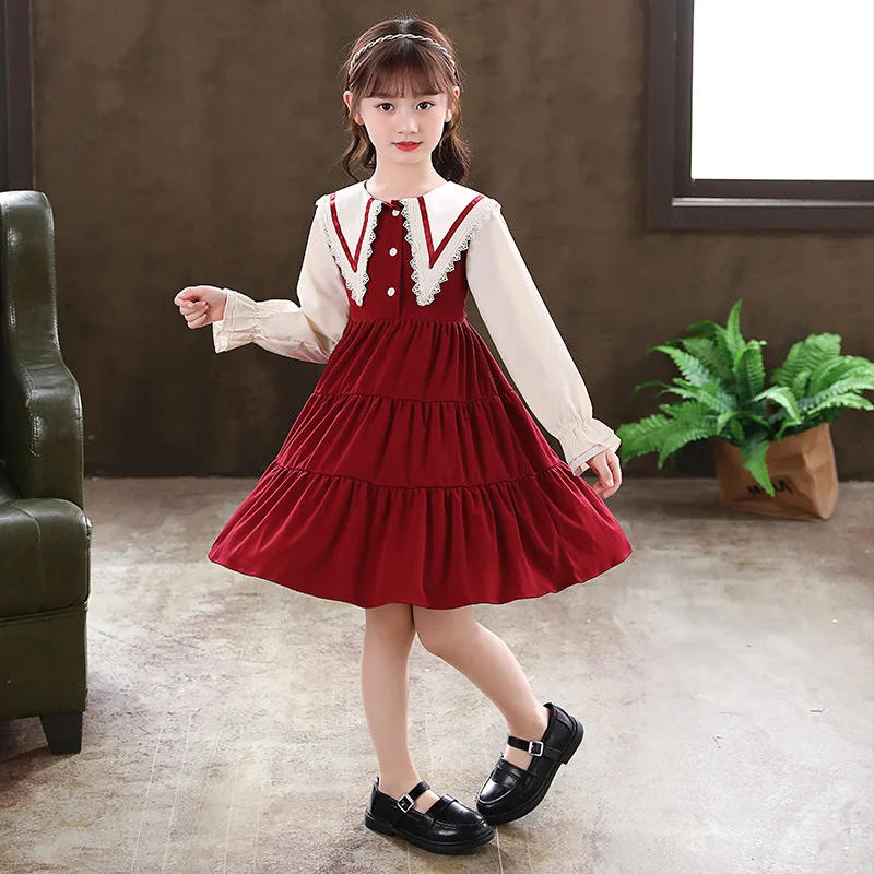 Girls Autumn New Fashion Sailor Collar Fluffy Dresses Sweet Lovely Bowknot Princess Skirt Party Evening Performance Vestido