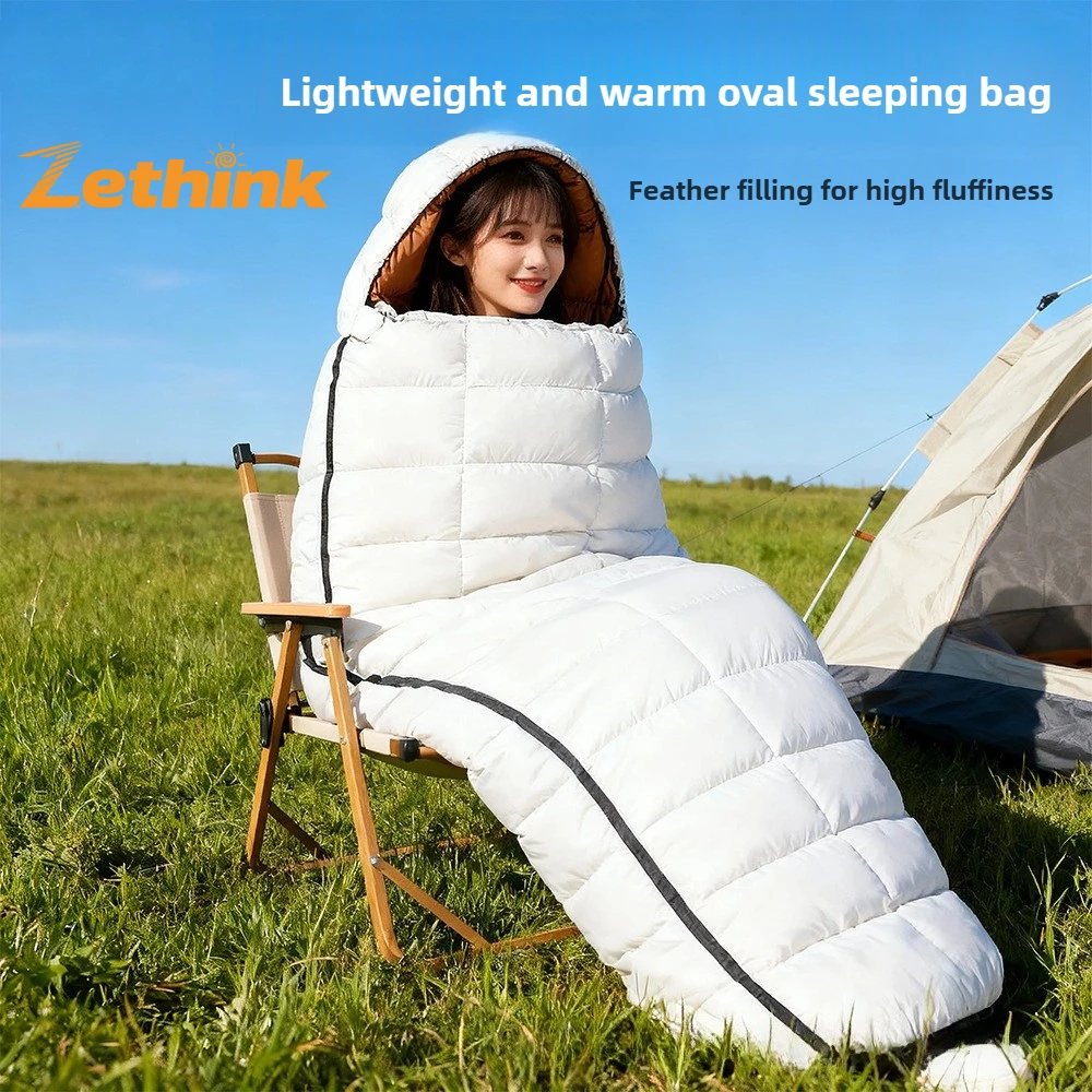 

4-сезонный нейлоновый портативный спальный мешок для кемпинга на открытом воздухе, увеличенный, утолщенный взимку, теплый, морозостойкий, в форме яйца, белый утиный пух