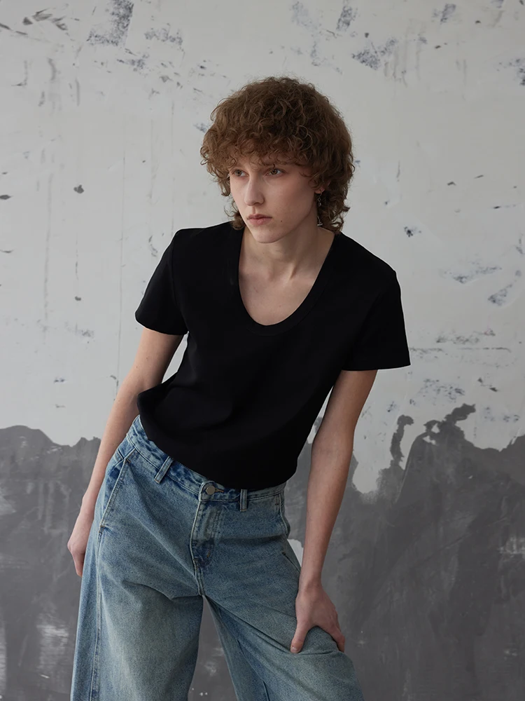 

Tuytuy Casual Loose Comfortable ort Sve U-Ne Bla And White Double Color Basic Versatile Base Layer T-irt for Women