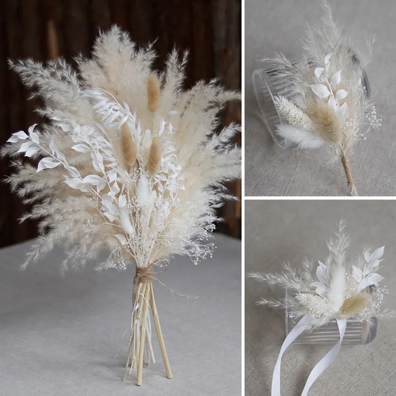 Mini Pampas Grass Wedding Bridal Flower Bouquets Bridesmaid Flower Wedding Corsage Mini Bouquets Boho Dried Floral Arrangement