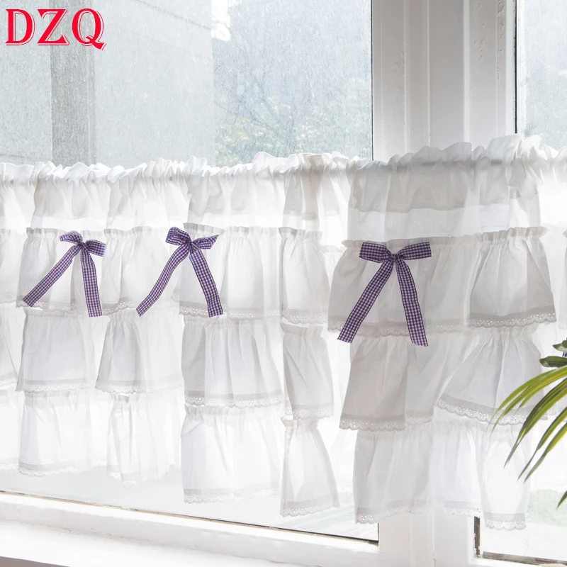 

Korean Sweet Lace Short Curtains for Kitchen White Double Layer Half Curtains Multi-layer Pleats Curtains Room #A612