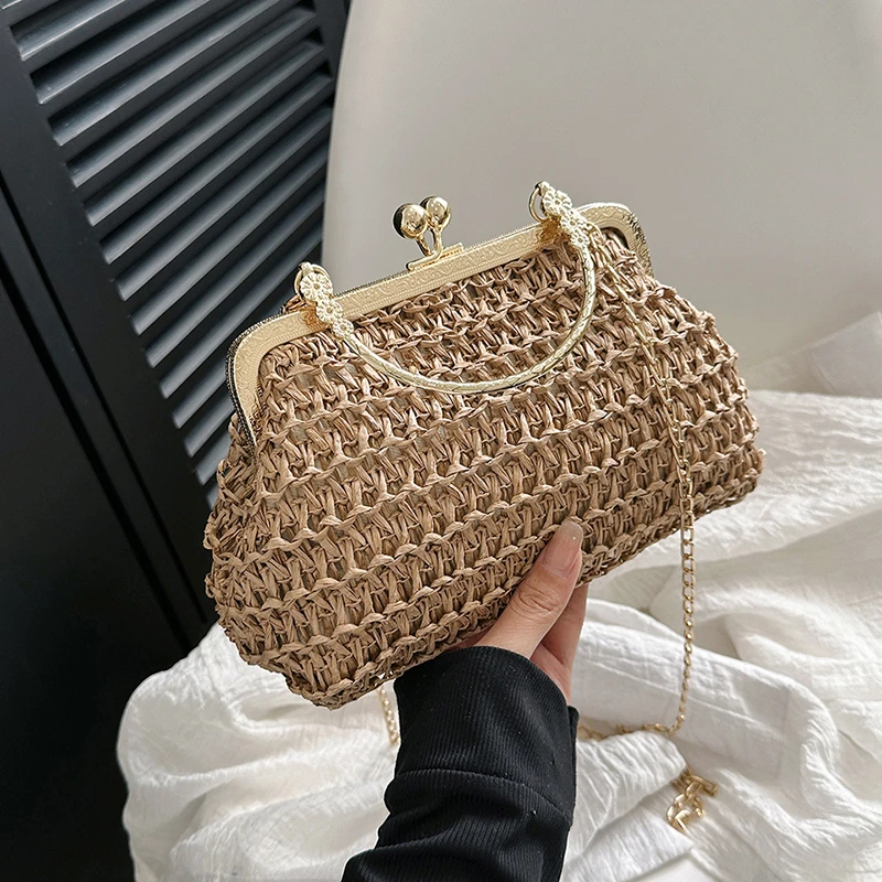 Torebki damskie 2023 Summer Beach Straw Bags Exquisite Gold Chain Party Banquet Purse Hand Woven Handbag Female Clutch Bag