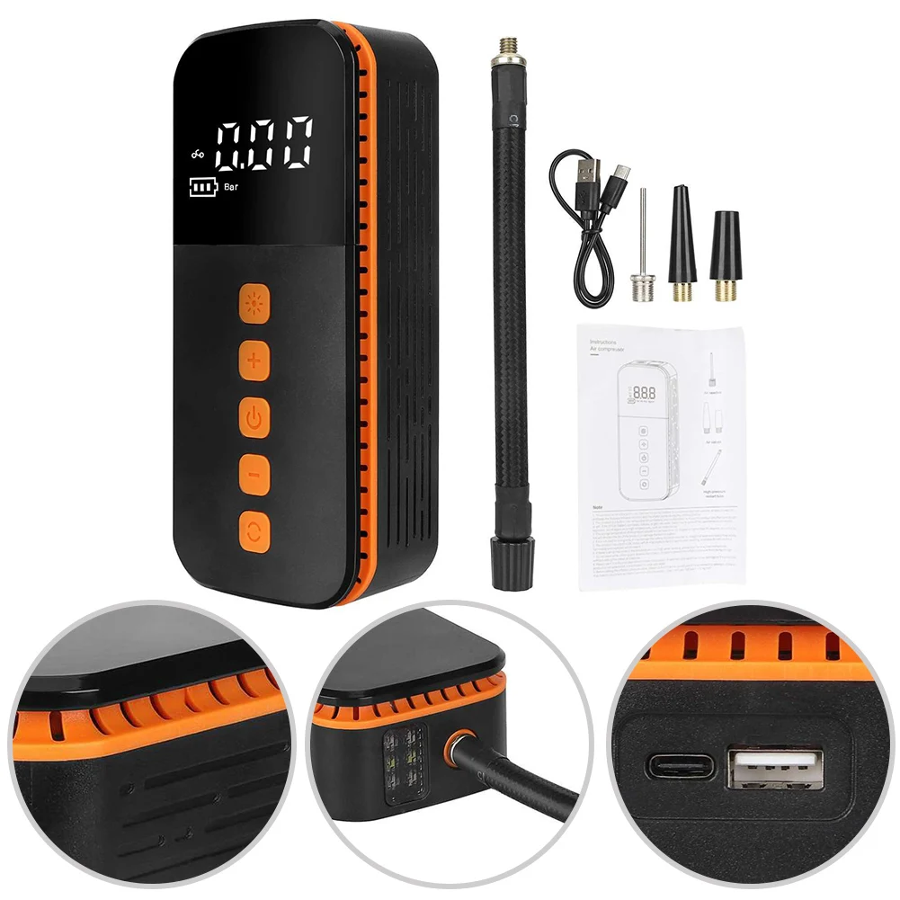 

Беспроводной портативный насос для накачивания шин для скутеров, мотоциклов, велосипедов, перезаряжаемый воздушный насос с большим экраном