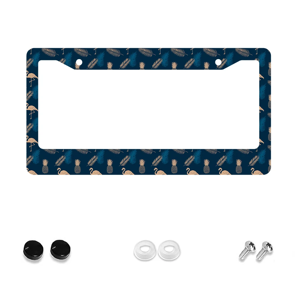 

1pc Blue and Gold Flamingo Pineapple Pattern 2-Hole License Plate Frame, Aluminum Material, 6x12 Inches, with Screw Kit, Retro
