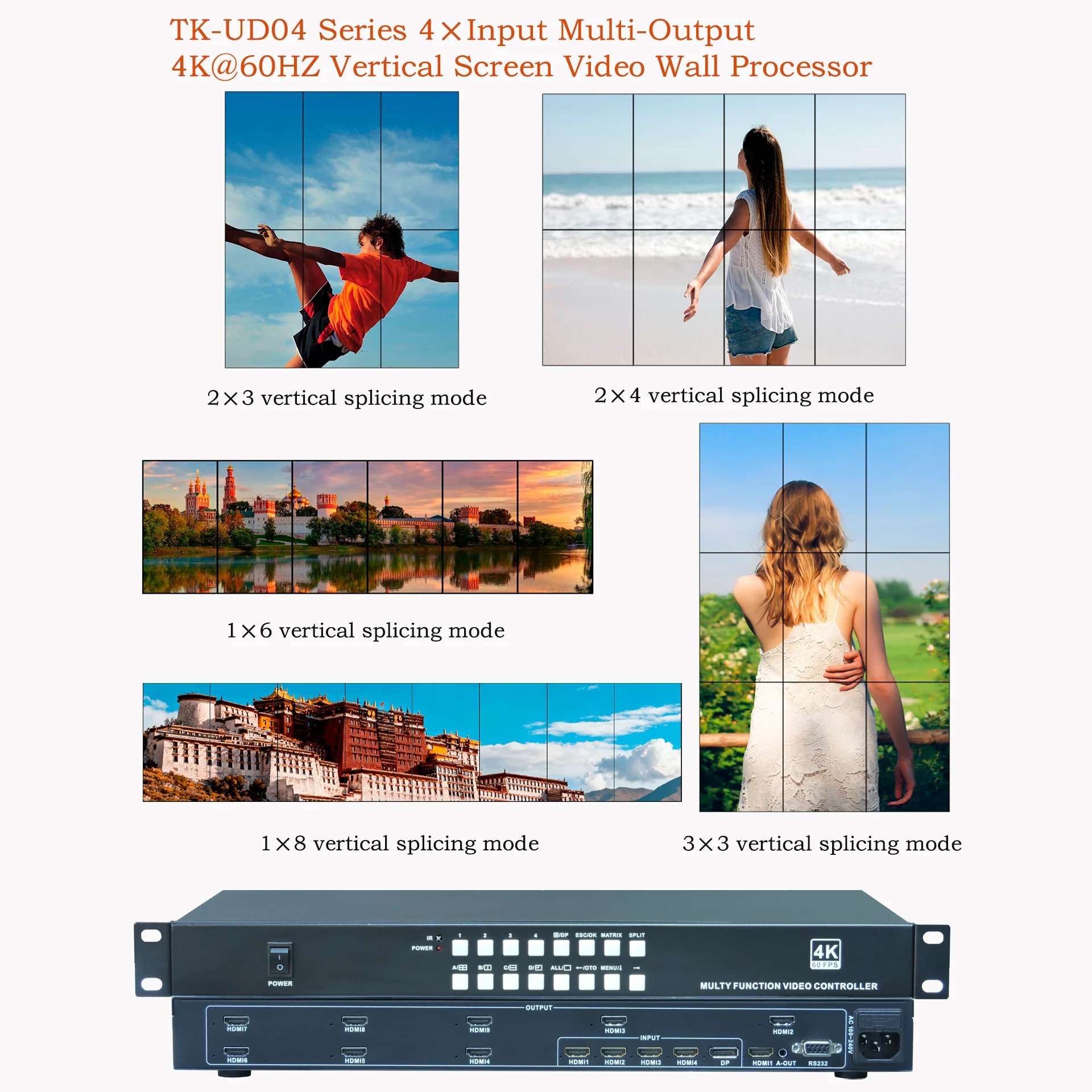 4K Vertical Video Wall Controller For 1x6/2x3/1x8/2x4/ 3x3,TK-UD04 Series 4 Input Multi-Output 4K60HZ Video Wall Processor