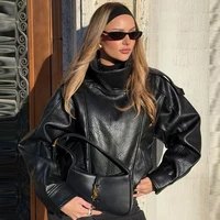 HXAO Faux Leather Black Jackets For Woman New Arrival Cropped Oversize Bomber Jacket Zip-Up Long Sleeve Coats Motorcycle Jackets 5