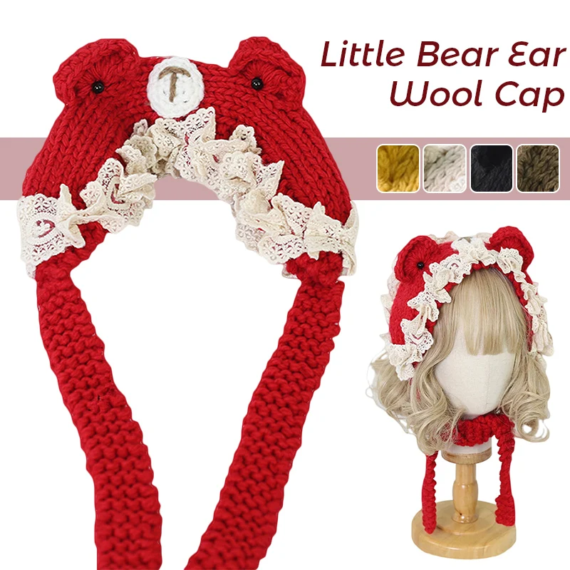 Japanese Cute Bear Ears Woolen Hat Lolita Girl Cat Ear Lace Trim Sweet Handmade Knitted Hat Mori Girl Warm Cap Kawaii Hat