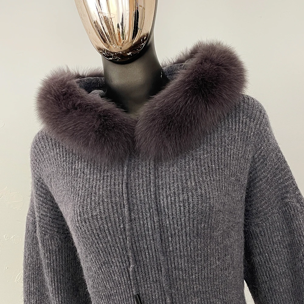 FURYOURSELF 2025 ฤดูใบไม้ร่วงฤดูหนาวยุโรปสไตล์อเมริกันกลางความยาวแฟชั่นHoodedชุดFox Furคอขนสัตว์ถักเสื้อกันหนาว