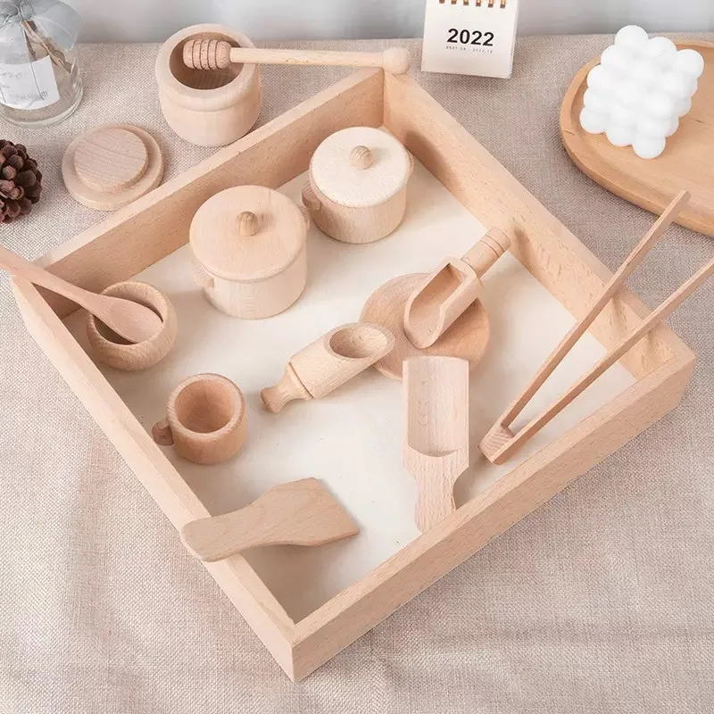 Solid wood children's Montessori early education simulation play house kitchen toy pot bowl spoon cup tea set