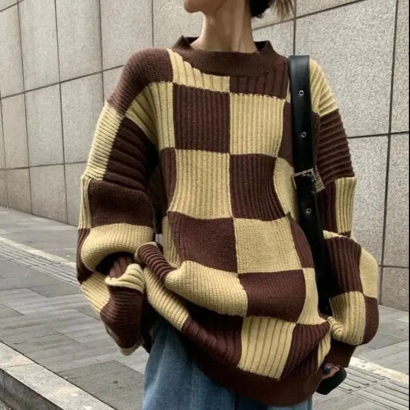 2023 New Autumn and Winter Fashion Niche Lazy Style Round Neck Long Sleeved Checkerboard Casual Loose Oversized Thick Sweater