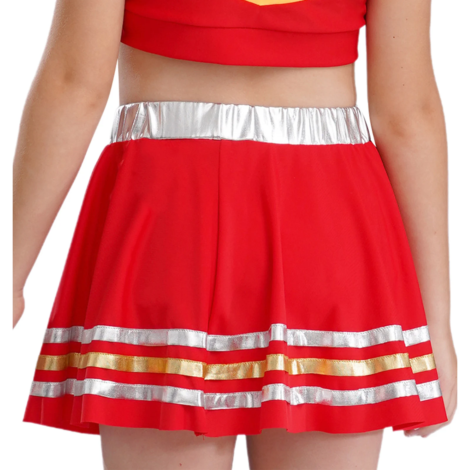 Kid Girls Jazz Dance Pleated Mini Skirts Elastic Waistband Metallic Striped Hem Scooter Skirt for Cheerleading Stage Performance