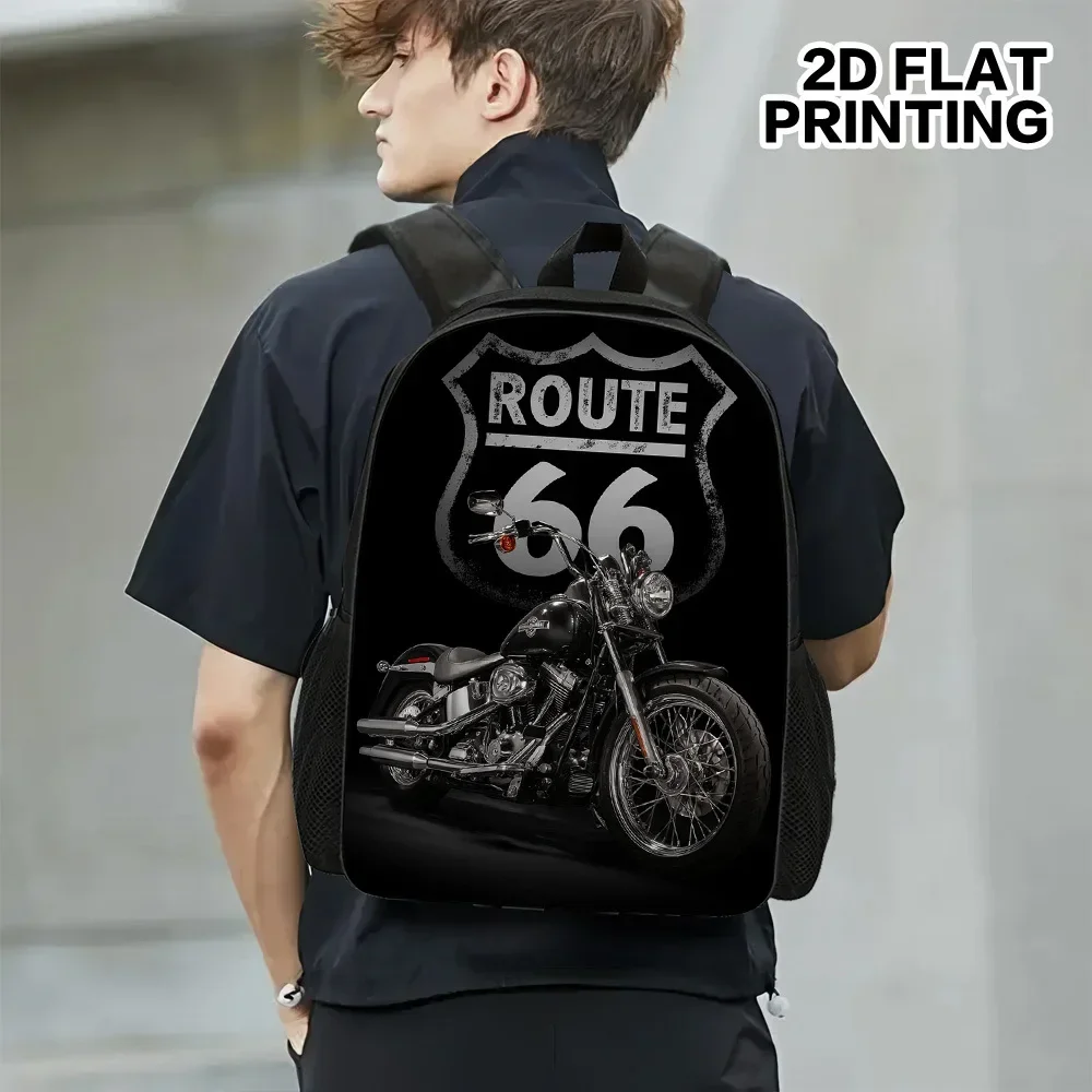 Custom Bag 1pc Route 66 Motorcycle Route Americana Backpack - Vintage Motorcycle Design With Route 66 Signs, Lightweight Zipper