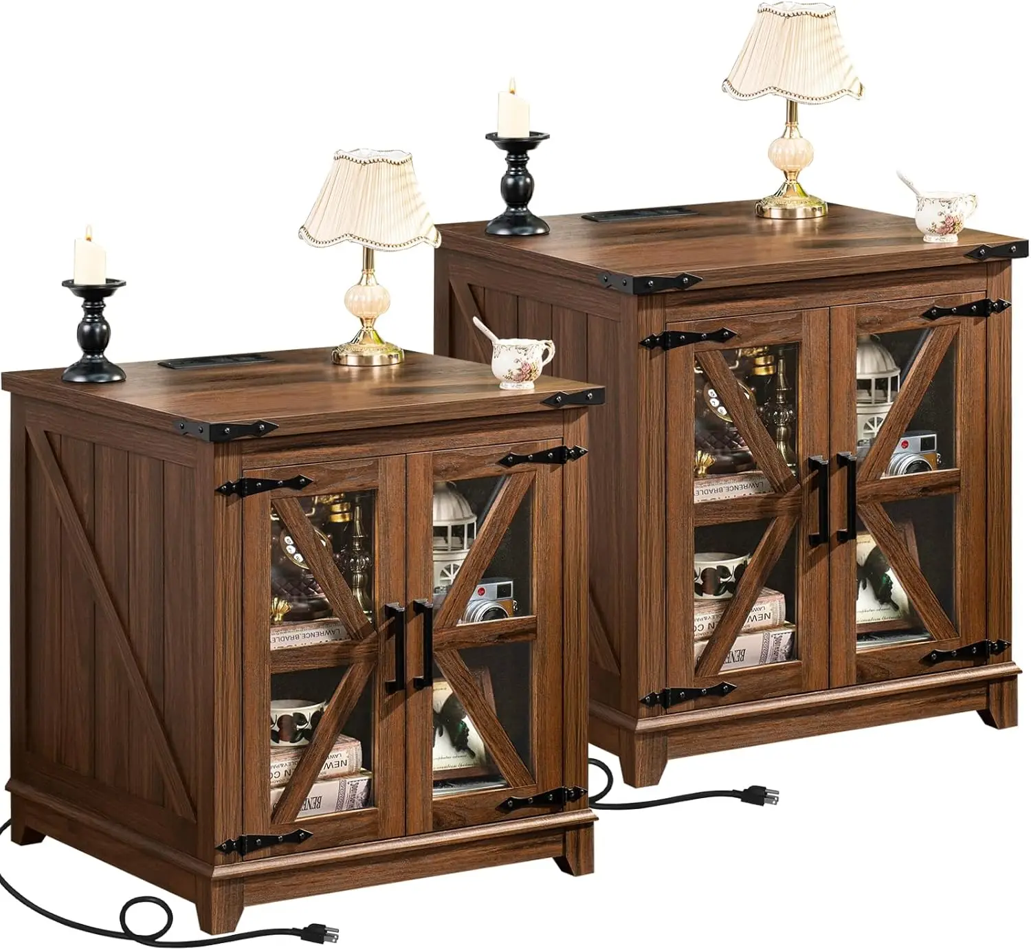 

Farmhouse End Table with Charging Station Set 2, 24" Large Sofa Side Table with Glass Barn Door, Nightstand with Adjustable