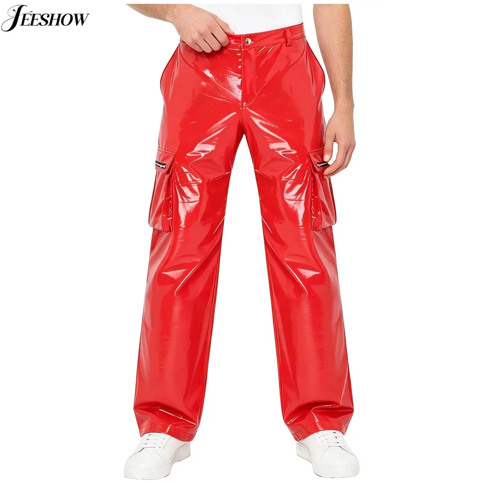 Mens Faux Leather Cargo Pants Wet Look Multi-Pockets Straight Leg Long Pants Y2K Punk PU Leather Trousers for Club Rave Party