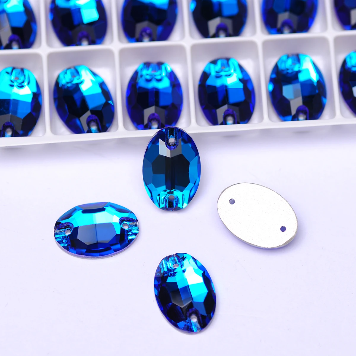 

Blue Zircon Crystal Oval Glass Stones Flat Back Strass Sewing Craft Loose Beads Crystal Sew On Rhinestone for Garment