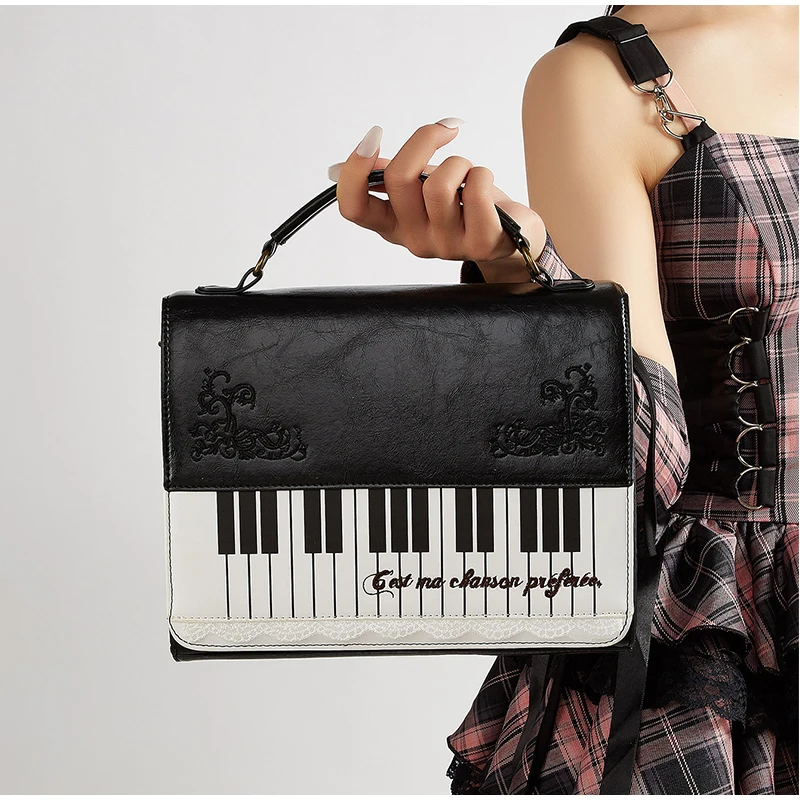 Polka Dot Piano Key Umhängetasche, große Handtasche in Kontrastfarbe, Y2k JK Mädchen-Aktentasche, Damen Wave Point Bowling-Einkaufstasche – Detail 9
