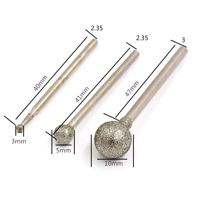 5/10PCS 0.5mm-12mm Ball Round Diamond Burr Grinding Bit 2.35/3mm Shank F-Pin Spherical Diamond Grinding Head