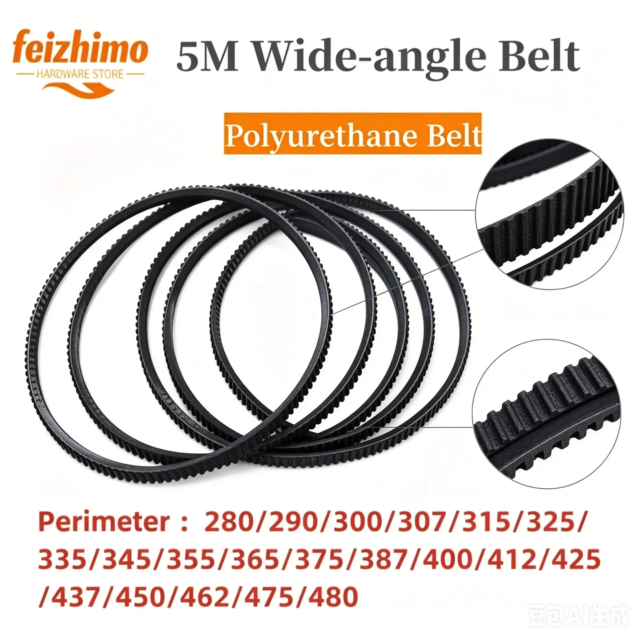 5M polyurethane belt wide-angle belt Perimeter 280/290/300/307/315/325/335/345/355/365/375/387/400/412/425/437/450/462/475/480mm