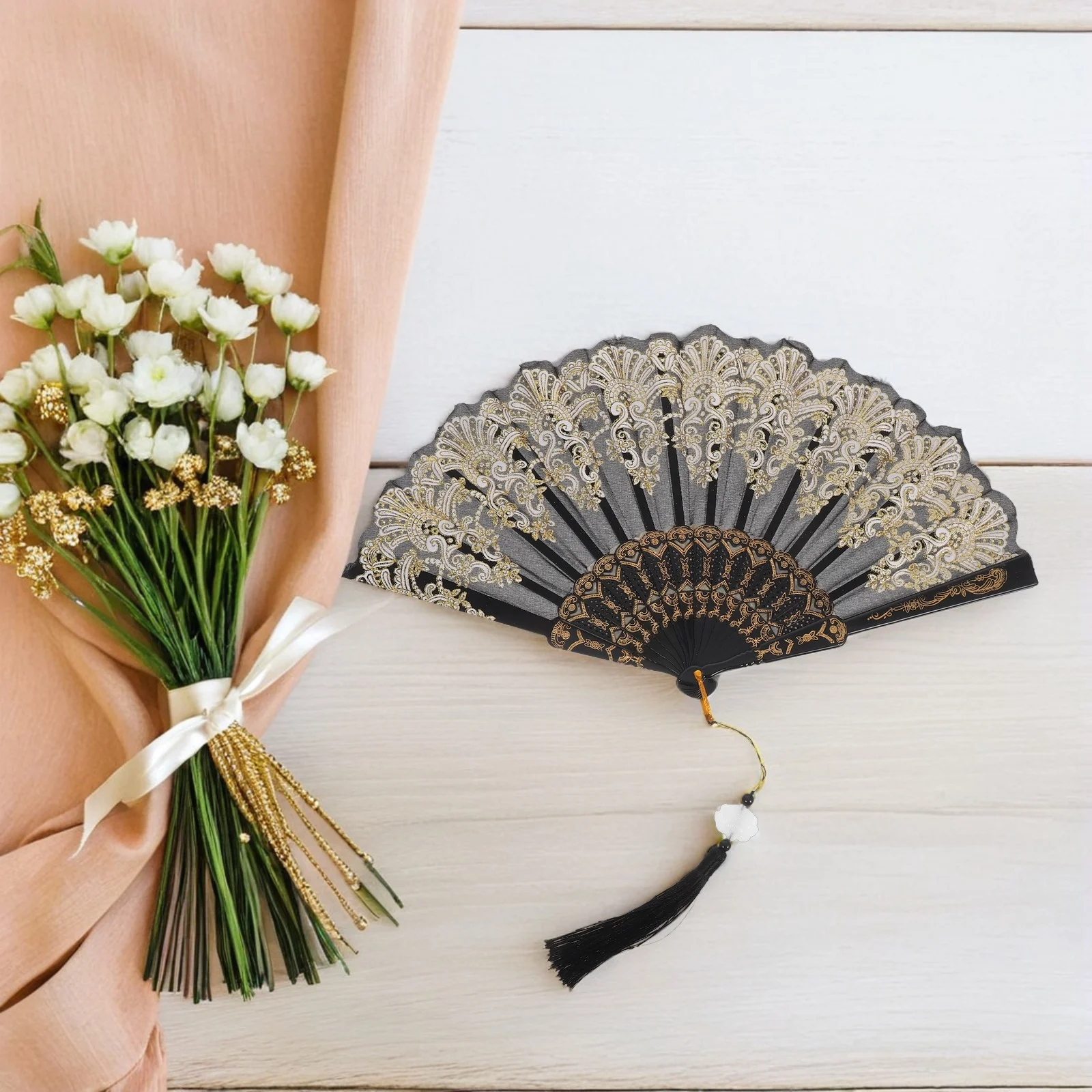 

4Pcs Folding Hand Fan Chinese Traditional Vintage Pattern Portable Sunshade Accessory for Women Masquerade Bridal Dance