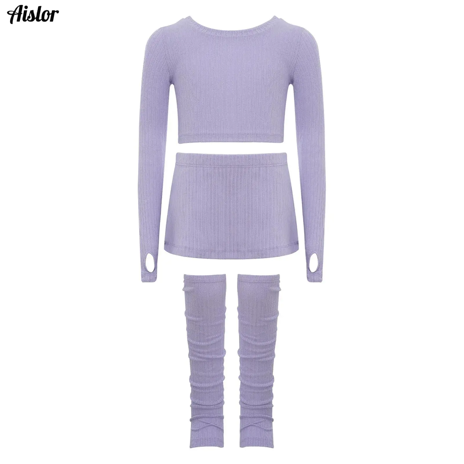 

Girls Ballet Training Outfit Dance Practice Warm-Up Costume Cotton Ribbed Long Sleeves Thumbholes Crop Top+Skirt+Leg Warmers Set