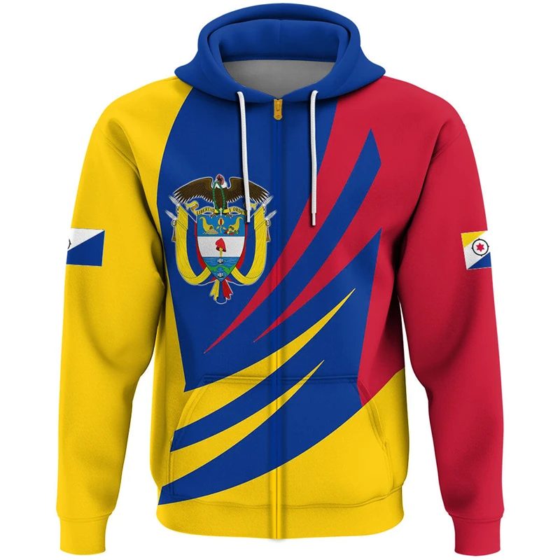 Colombia Flag Map Graphic Sweatshirts Colombian National Emblem Zip Up Hoodie For Men Clothes Casual Male Hoody Sport Pullovers