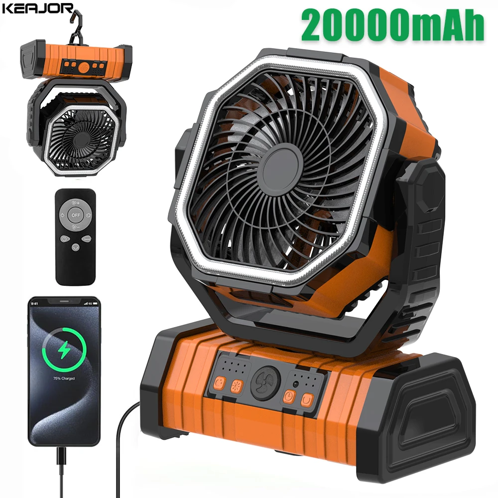 USB 충전식 무선 휴대용 캠핑 선풍기, 야외 캠핑 선풍기, LED 조명 및 후크 포함, 20000mAh