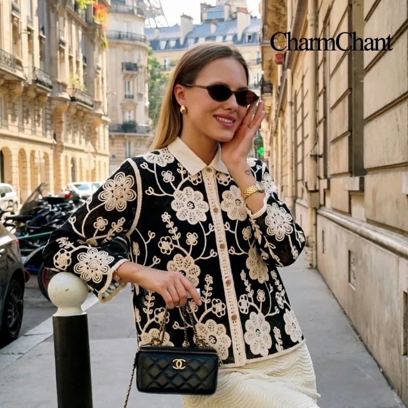 CHARMCHANT Women's Floral Embroidery Lace Jacket Flare Sleeve Hollow Out Vintage French Crochet Cardigan Outerwear Spring 2026