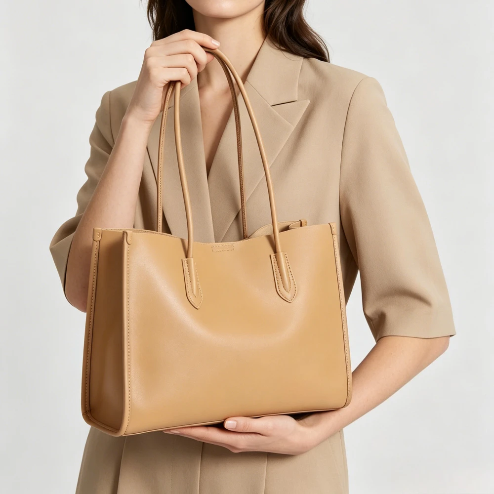 

Ladies Minimalist Genuine Leather Tote Bag Magnetic Closure Large Capacity Brown Apricot Shoulder Underarm Top handle Handbag