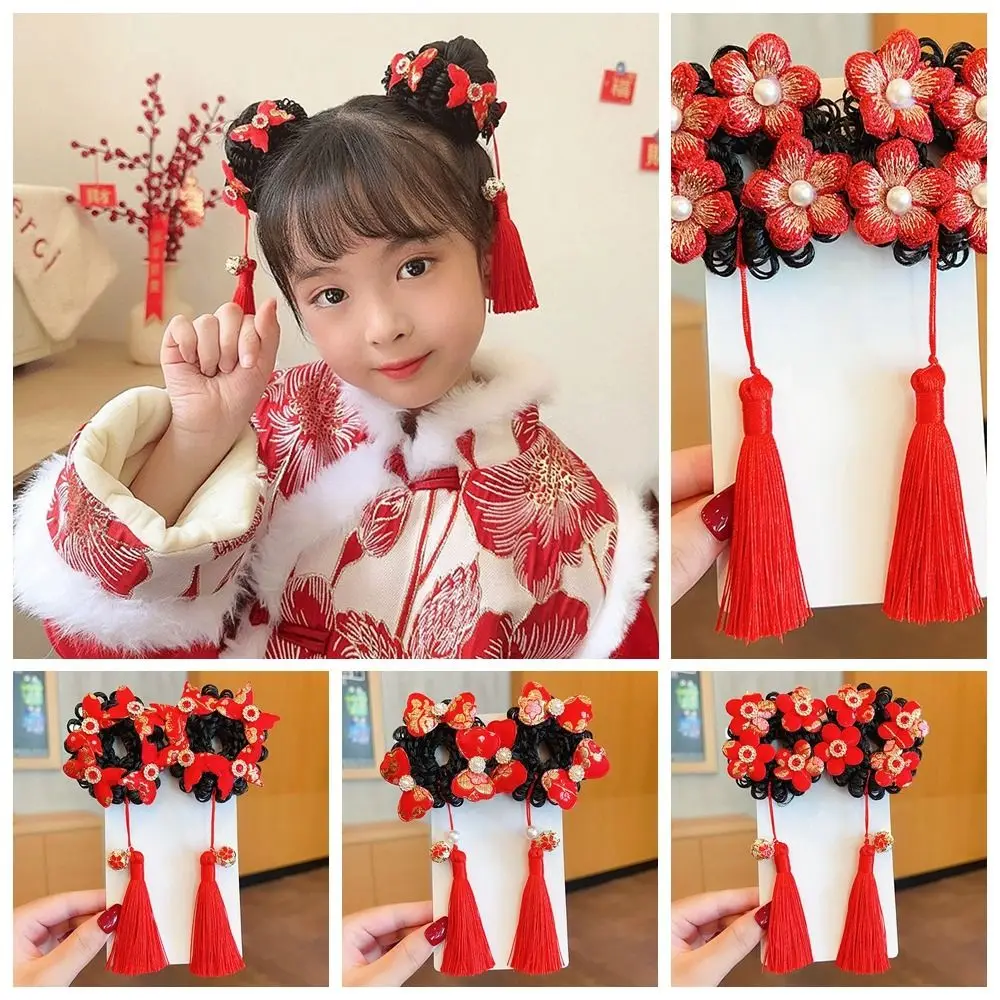 Peluca con lazo y borlas, cuerda para el pelo trenzada, tela de flores, Anillo para el pelo Hanfu para niños, accesorios para el cabello para niña, traje Tang, lazos para el cabello