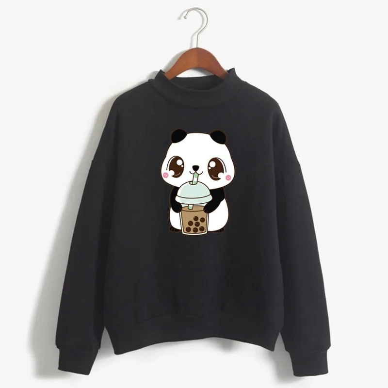 Little Panda Drinking Milk Tea Print Women Sweatshirt Korean O-neck Knitted Pullover Thick Autumn Candy Color Lady Clothing