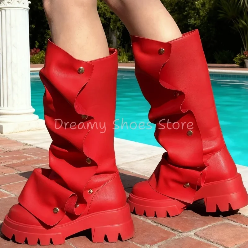 

Red Chunky Heel Platform Fold Over Boots Women Button Round Toe Leather Knee High Boot Fashion Trendy Party Western Lady Shoes