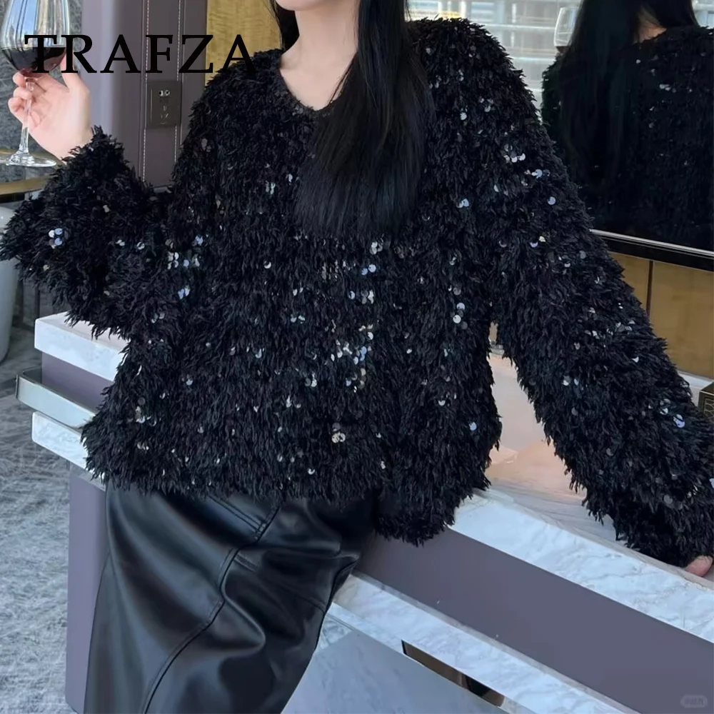 TRAFZA Chic TASSEL Sequin Women V Neck Party Sweater Fashion 2025 Spring Long Sleeve Glitter Oversized Knitwear Feather Top