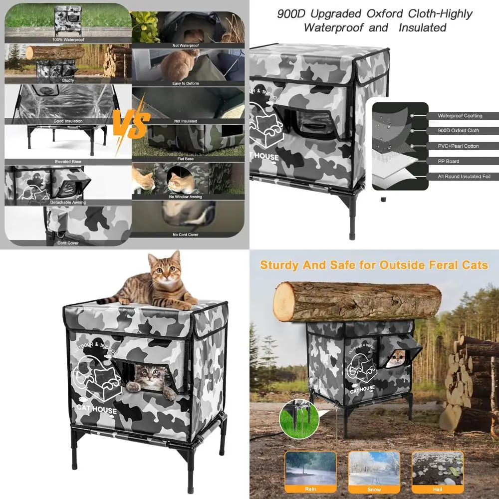 

Weatherproof Elevated Outdoor Cat Shelter with Escape Hatch for Feral Cats - Insulated Winter Refuge (Camouflage)
