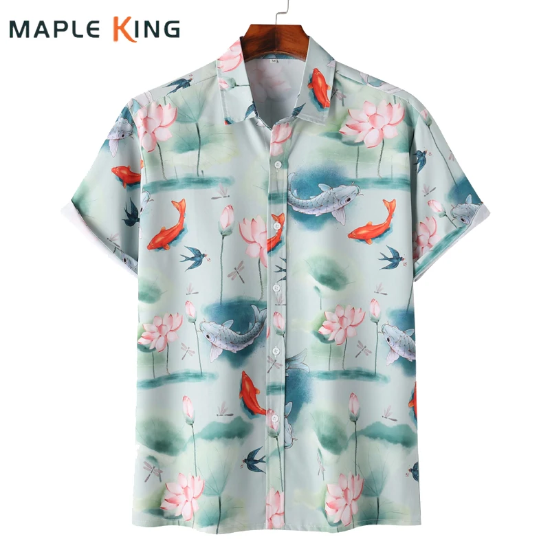 

Chinese Style Mens Designer Shirts 2024 Trend Summer Lotus Fish Printed Print Holiday Camisa Hawaiana Hombre Men Hawaiian Shirt