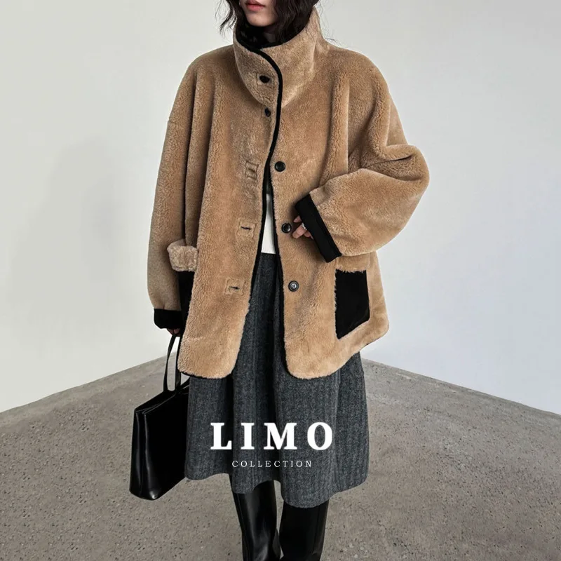 

LIMO 2025 New Women's Lamb Wool Teddy Coat Contrast Color Design Polyester Winter Warm Thick Oversized Outwear Coat