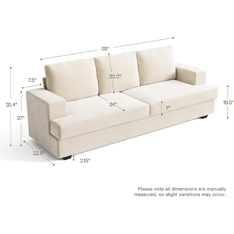 Living Room 89 Cream White Couch, 3-Seater Deep-Seat Oversized Loveseat Sofa for Apartment and Small Spaces