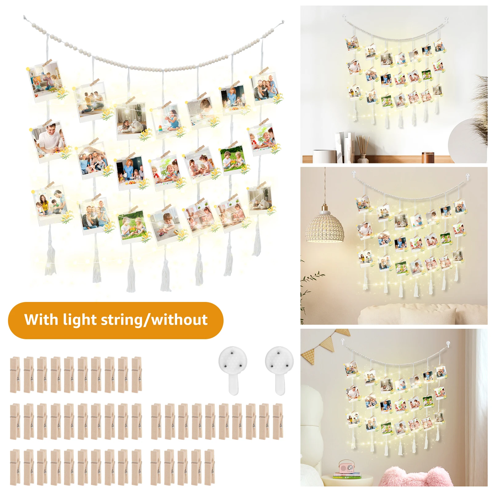 Wall Hanging Photo Display with 45 Clips Decorative Collage Picture Frame DIY Photo String with Wood Bead Garland for Room Decor