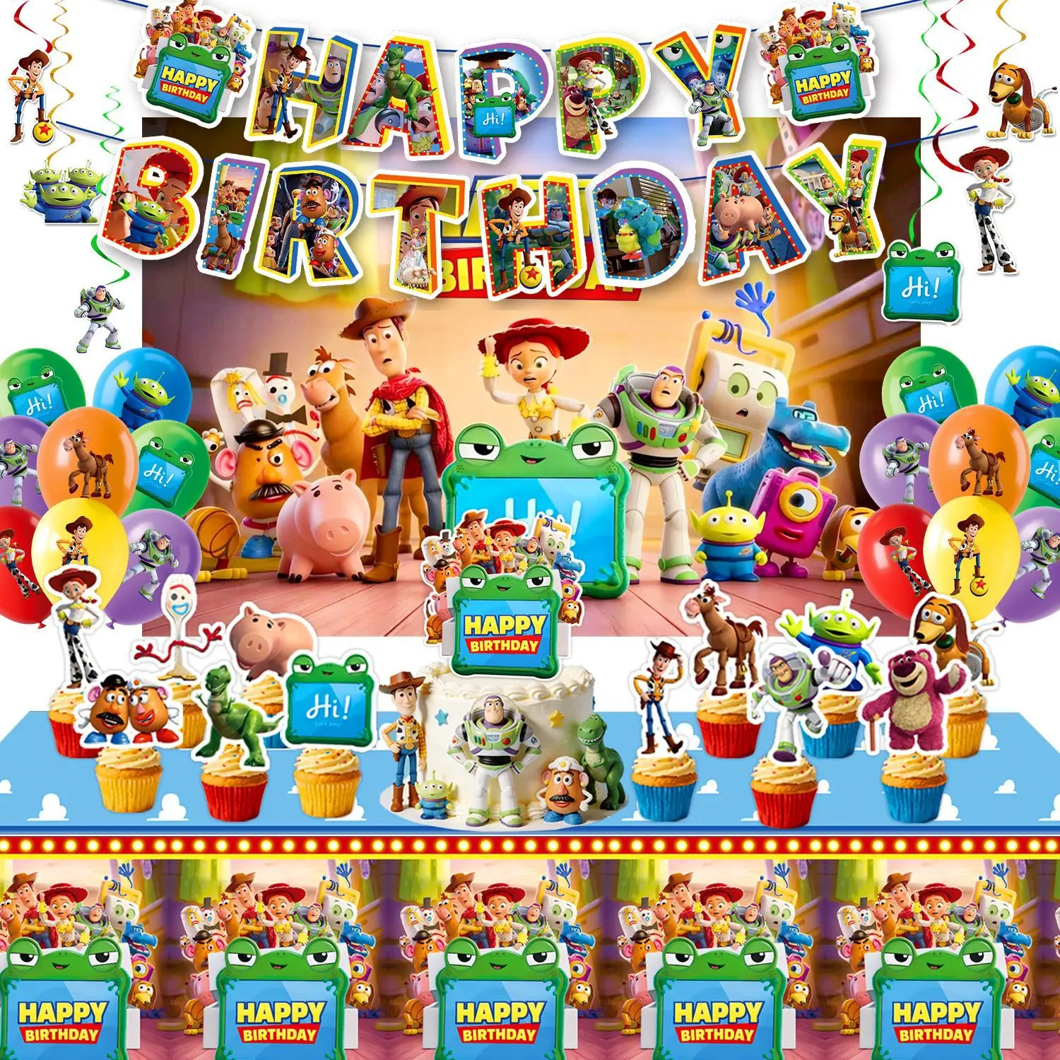 Kit de Fournitures pour Fête Thème Toy Story, Décorations d'Anniversaire, Bannière, Ballons, Décoration de Gâteau, Décorations en Nid d'Abeille, Accessoires Photo