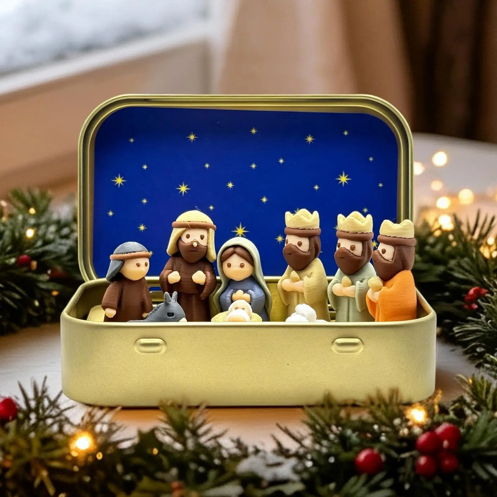 Miniature Nativity Scene 3D Printing Religious Statues Tin Box Figures for Bedside Table Desk Bookshelf Fireplace Office Home