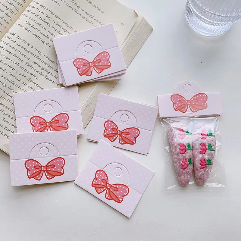 50pcs/lot 6.4x4cm Foldable Packaging Paper Cards Heart Pattern Cards for Handmade Jewelry Retail Hang Tag Pink Bow Display Label