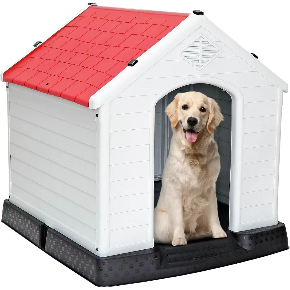 34Inch Large Plastic Dog House - Waterproof Dog Kennel with Air Vents and Elevated Floor All Weather Indoor Outdoor