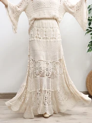 Women's Long Maxi Elastic High Waist Skirts, Cotton Crochet Flowers Tail Lady A-Line, Spring, Summer, New, Free Shipping, 2024