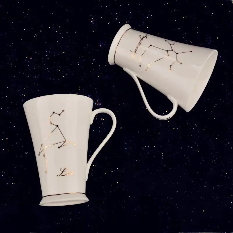 12 Constellations Mug Fashion Drawing Gold Decal Bone China Porcelain Coffee Mugs Creative with Crystal Spoon Zodiac Ceramic Cup