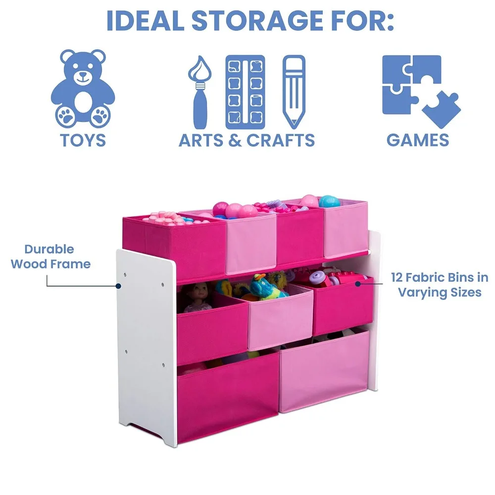 Kids Toy Storage Organizer with Multi-Size Bins, Easy Assembly, White and Pink Colors