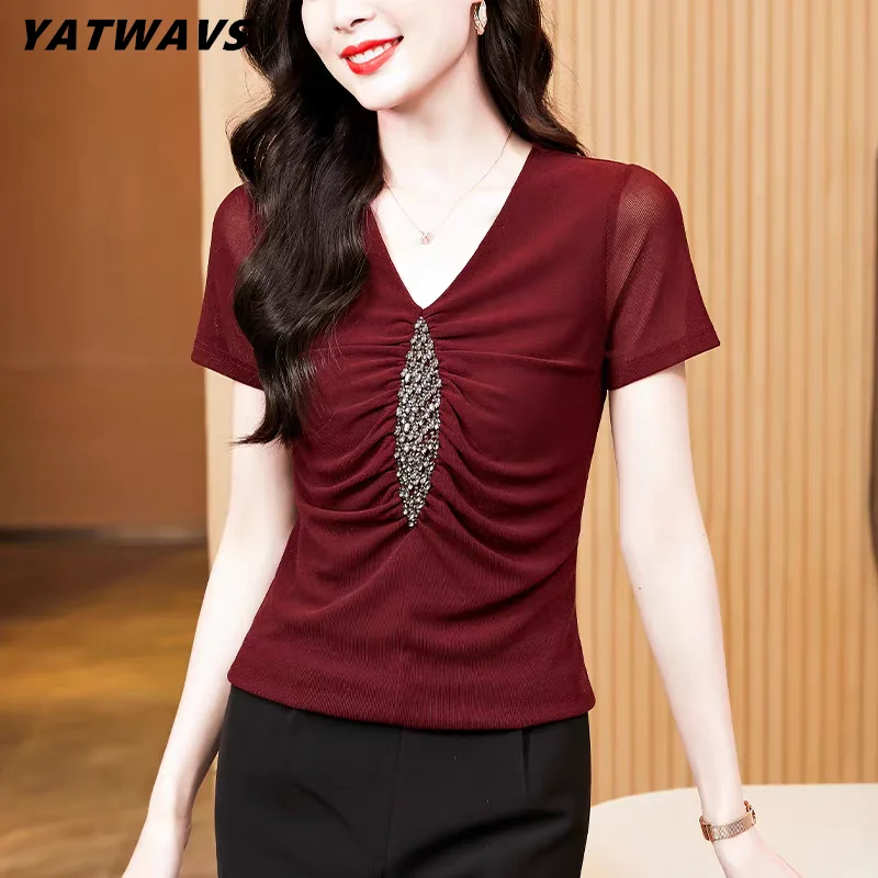 

Summer Sexy V-neck Chic Luxury Hot Diamonds Women’s T-Shirt Fashion Slim Mesh Short Sleeve Tees Brand Ladies All Match Tops